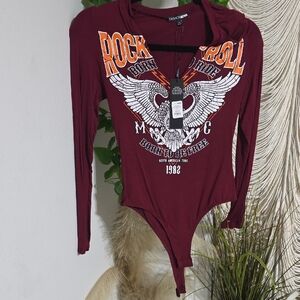 Fashion Nova Burgundy Graphic Bodysuit